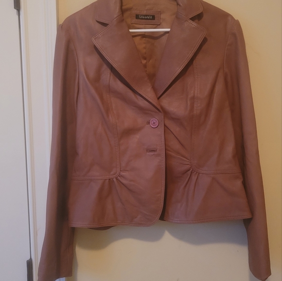 Tahari Brown Mauve Genuine Leather Puffy Sleeve Blazer Jacket Coat - Picture 2 of 12
